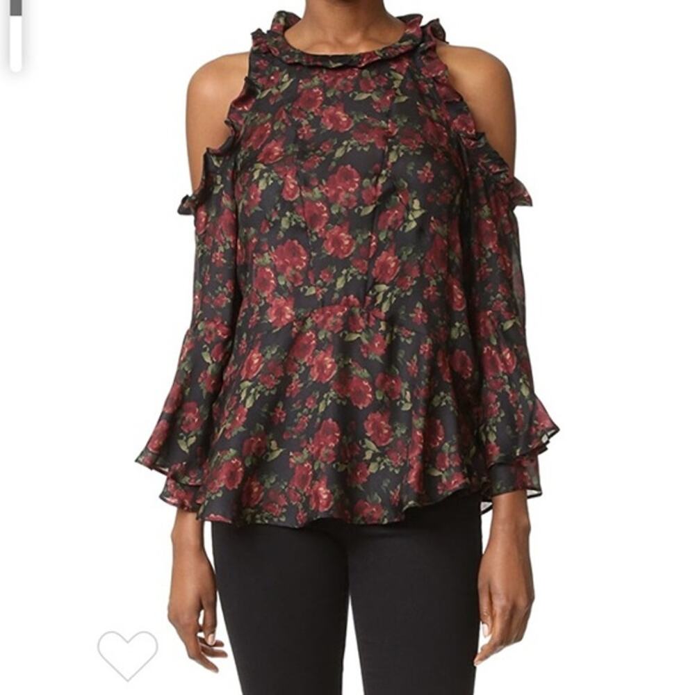 IRO Jeans Red Floral Eloane Cold Shoulder Top Size 6/M